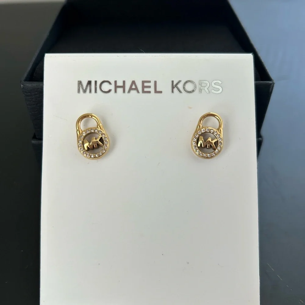 Michael Kors Gold Padlock Pave Crystal Stud Earrings NWT